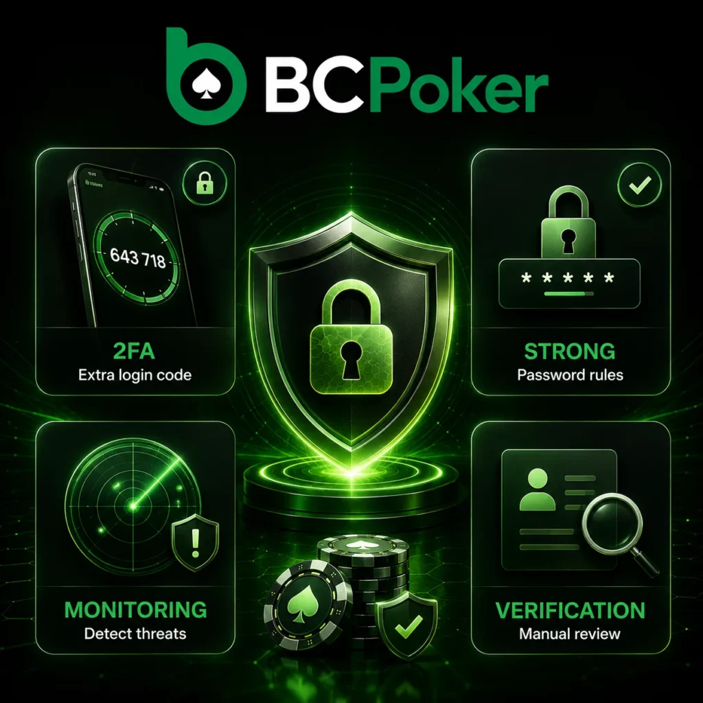 BC Poker account security banner with 2FA protection, password rules, suspicious activity monitoring and manual account verification in neon green style