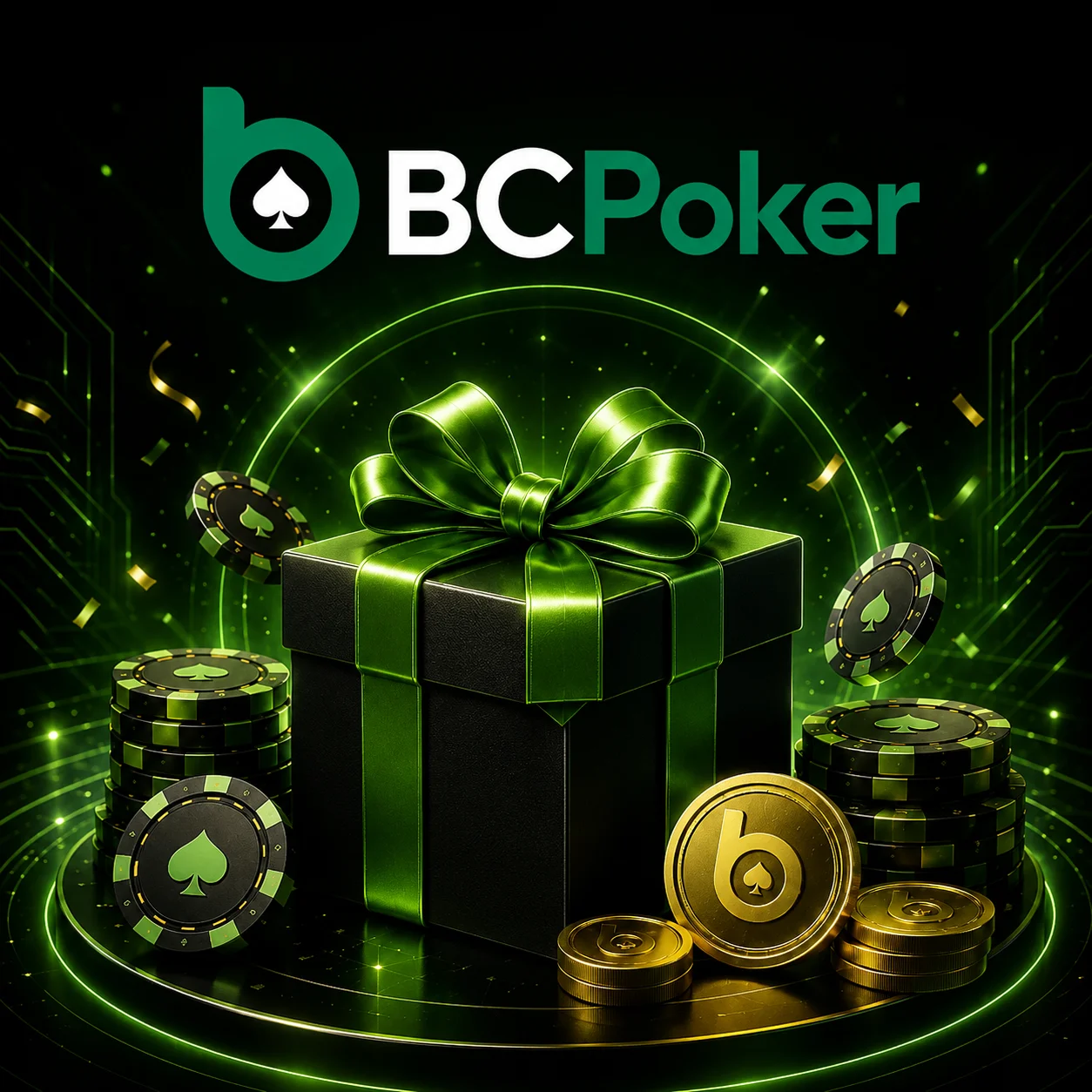 BC Poker promotional banner with glowing gift box, poker chips, gold coins and neon green casino visuals on a dark background