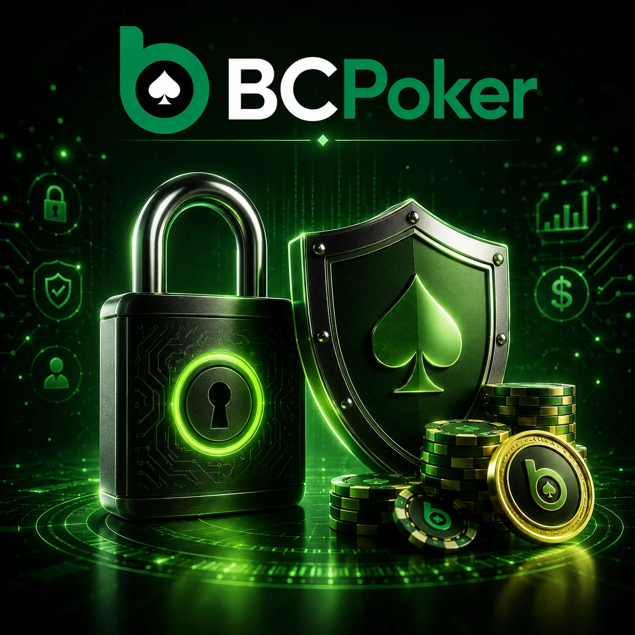 BC Poker security banner with glowing lock, protective shield, poker chips and coins in neon green style on a dark background