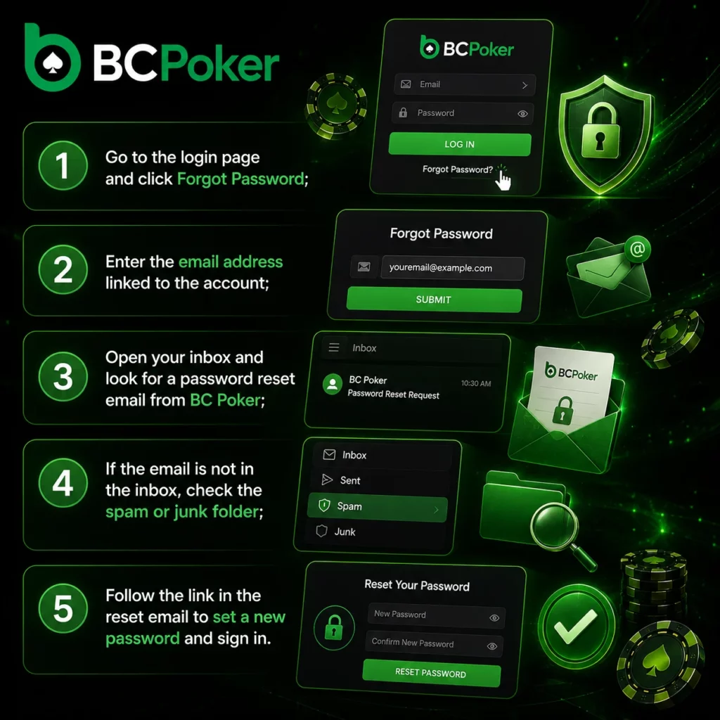 BC Poker password reset guide showing forgot password process, email recovery steps, secure account access and login protection in a neon green style