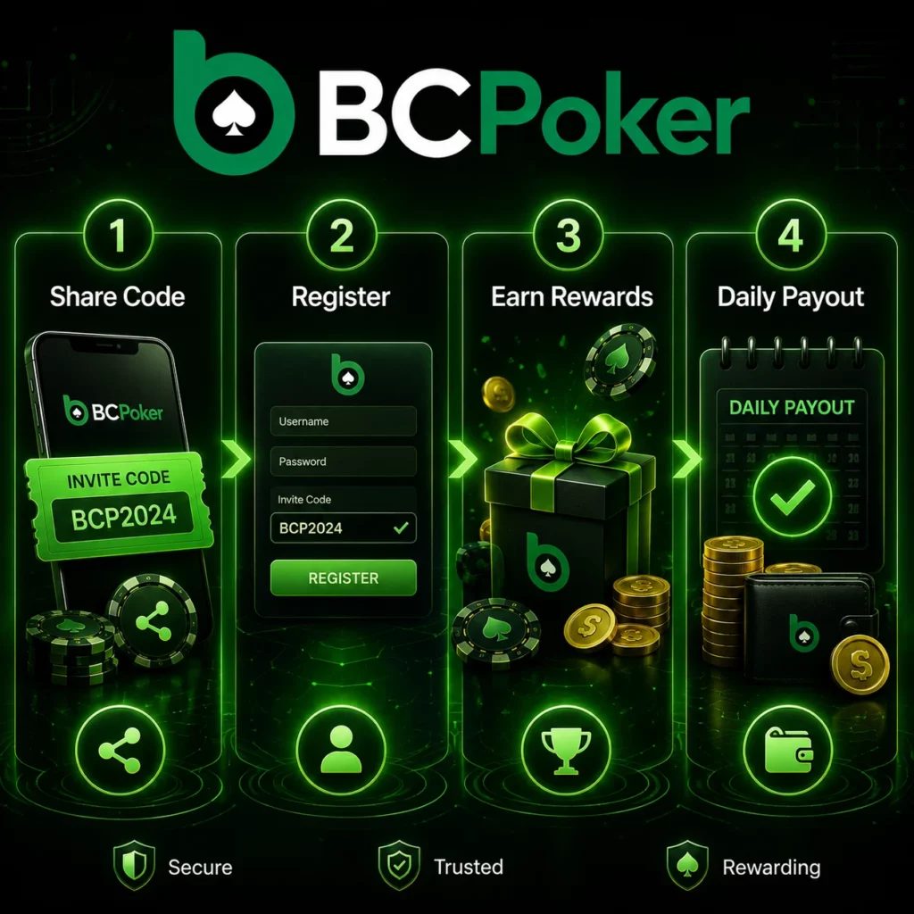 BC Poker referral program banner with invite code, registration, rewards and daily payout in neon green style on a dark background