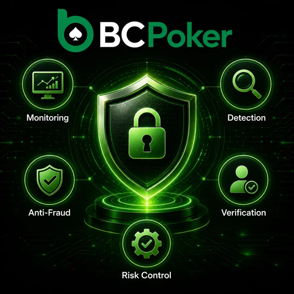 BC Poker risk control banner with monitoring, detection, anti-fraud systems, verification and account security in neon green style