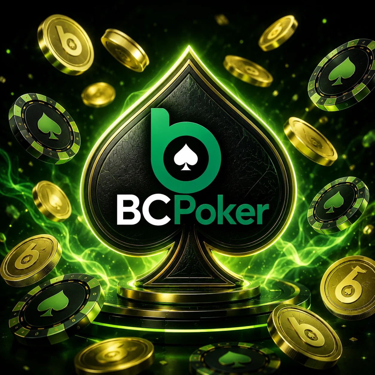 BC Poker banner with glowing green spade, floating poker chips, gold coins and neon casino visuals on a dark background